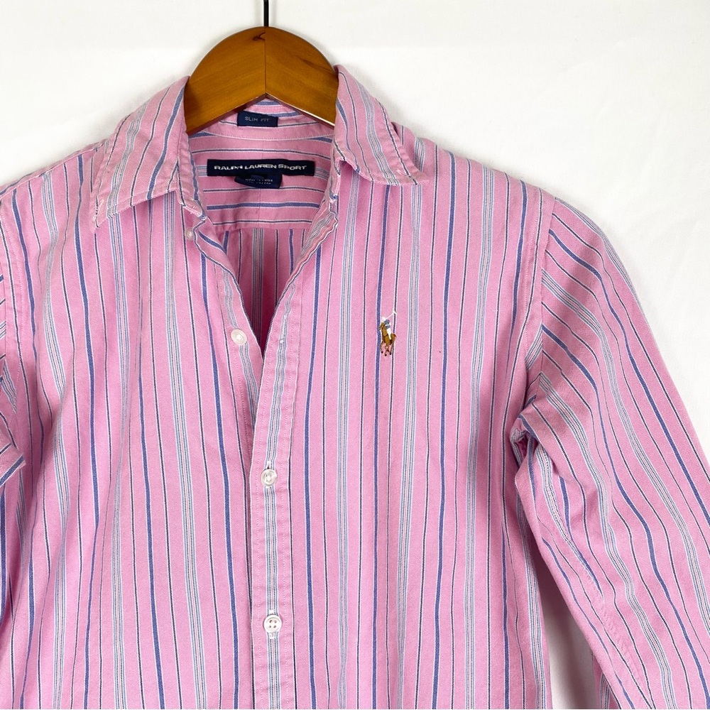 Vintage Ralph Lauren Sport Y2K Pink Stripe Shirt Collar Button Up Size 4 Cotton - Picture 2 of 5
